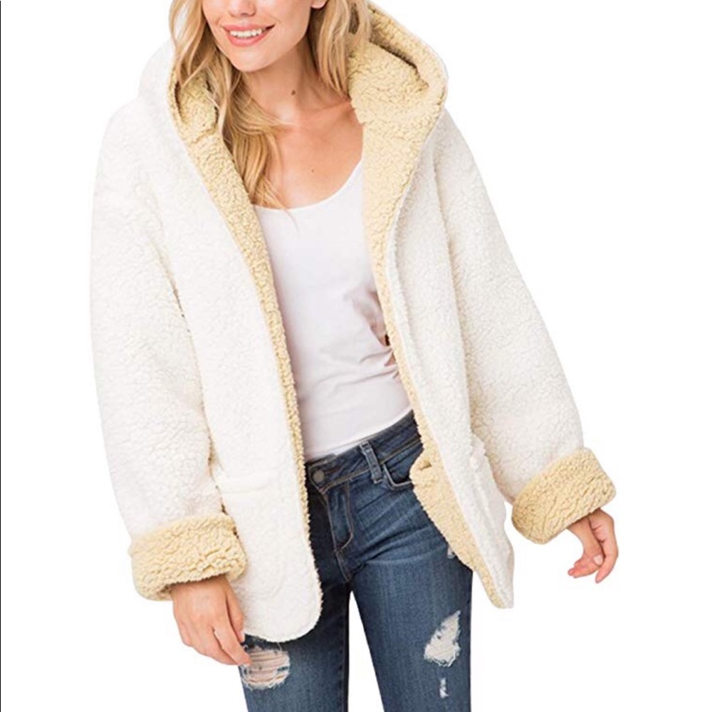 Reversible faux fur Sherpa teddy bear jacket beige - Picture 1 of 8